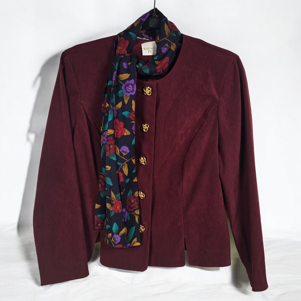 VTG Halmode Petites‎ Blazer with Attached Scarf Gold Buttons Woman 10P Burgundy